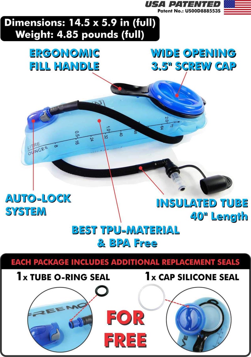 FREEMOVE 2L Hydration Bladder > BPA Free Water Bladder for Hydration Backpack < Leak Proof Water Reservoir  Large Opening  Tasteless TPU Material  Quick Release Insulated Tube  On/Off Valve  Soft Bite with Cap - Image 3